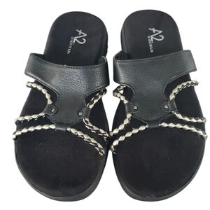 Aerosoles A2 Wipcurl Black Vegan Leather and Suede Sandal